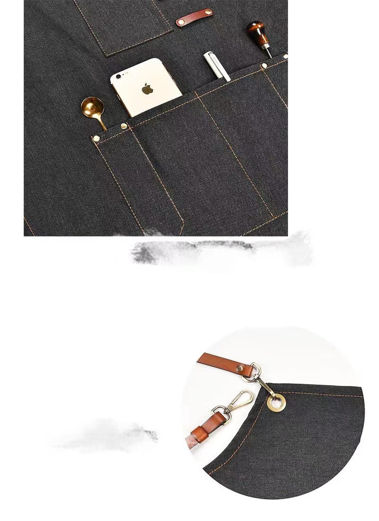 Barista Denim Bib Apron w/ Leather Straps Barber Florist Cafe Bar