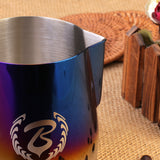 BARISTASPACE 1.0 COFFEE STAINLESS STEEL POLISHED TITANIUM LATTE ART MILK JUG Half Blue