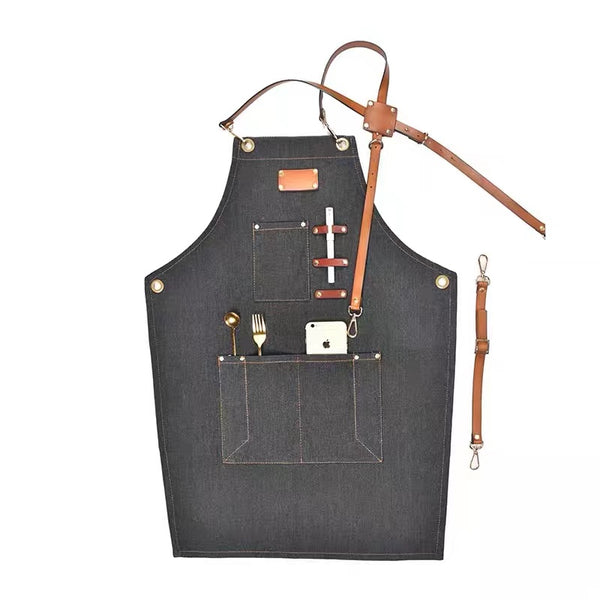 Barista Denim Bib Apron w/ Leather Straps Barber Florist Cafe Bar Chef Uniform